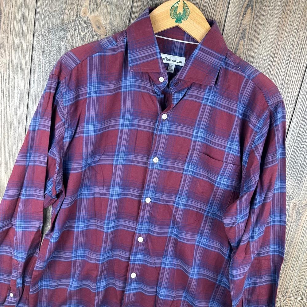 Peter Millar Mens Plaid Button Down Shirt Claret Blue Cotton Sewickley Heights M
